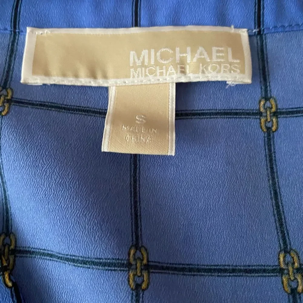 Michael Michael Kors Blue Black Gold Print V-Neck Long Sleeve Tunic Top Size S